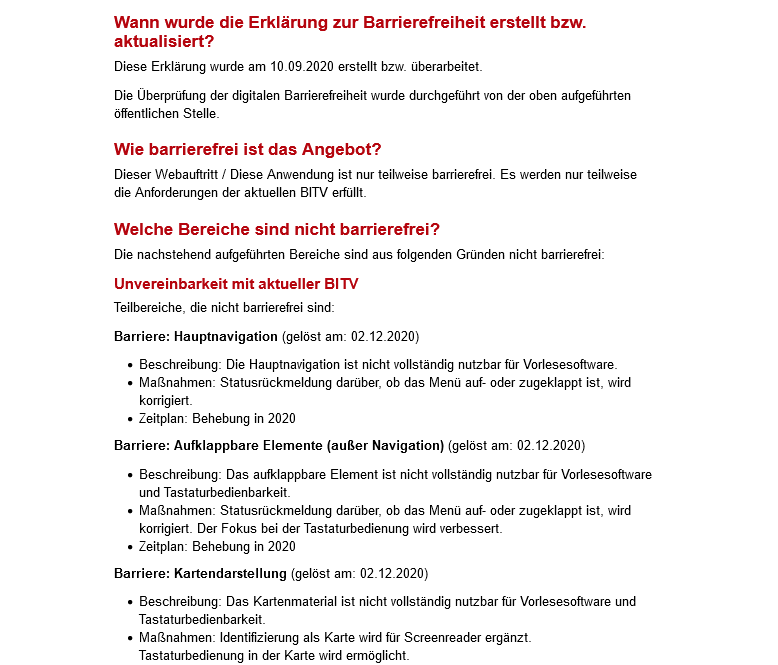 Screenshot mit Auszug der Barrierefreiheitserklärung Berlin. Man sieht hier Fehler aus einem Test ausführlich aufgelistet. Dahin sieht man bei einigen jeweils dahinter stehen, dass diese zu einem Datum gelöst wurden.