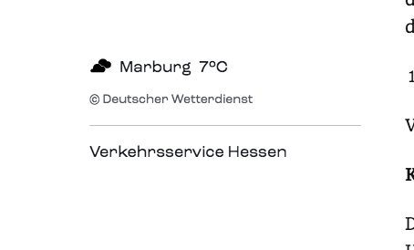 Screenshot eines Textsliders, der die Temperatur verschiedener Orte in Hessen anzeigt. 
