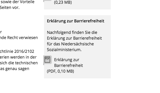 Screenshot aus der Website der Überwachungsstelle Niedersachsen. Man sieht eine Box mit einem Download zur Erklärung der Barrierefreiheit als PDF.