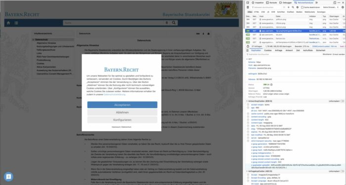 Das Screenshot zeigt eine Seite von gesetze-bayern.de. Man sieht dabei auch den Netzwerktraffik in einem Fenster des Browser. Hier sieht man, dass eine externe Bilddatei geladen werden soll.