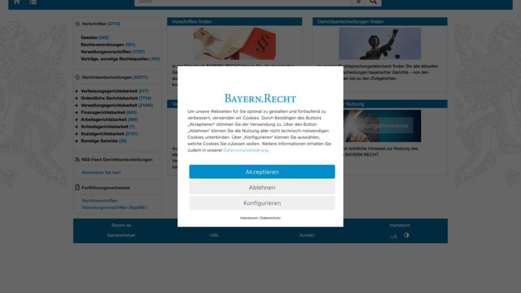 Screenshot der Startseite www.gesetze-bayern.de. Man sieht die Website, die mit einem Consent-Banner überlagert wird, der um Zustimmung bittet.
