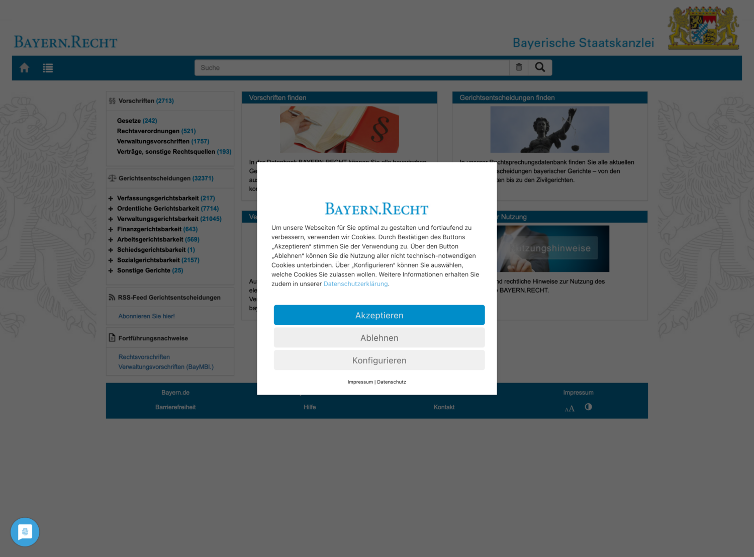 Screenshot der Startseite www.gesetze-bayern.de. Man sieht die Website, die mit einem Consent-Banner überlagert wird, der um Zustimmung bittet.