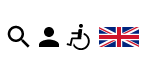 Zu sehen sind 4 Symbole: Eine Lupe. Eine Person. Ein Rollstuhlfahrer und die Flagge des Union Jacks, also von Großbrittanien.