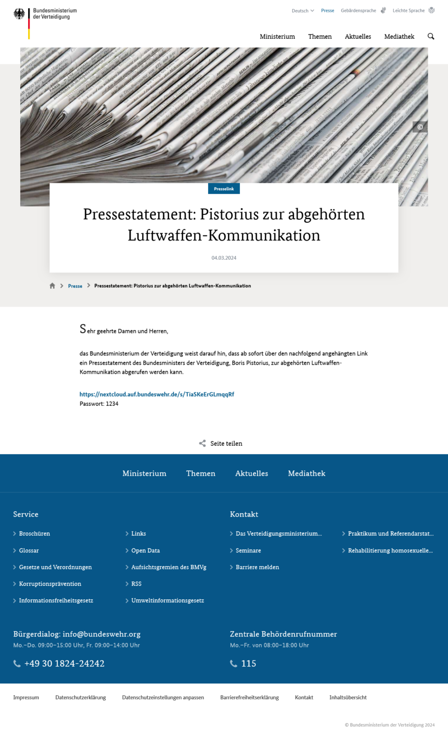 Screenshot der Website des Bundesministeriums de vertediigung mit der Pressemeldung, die auf einen LInk bei der Bundeswehr zeigt und darunter ein Passwort 1234 angibt.
