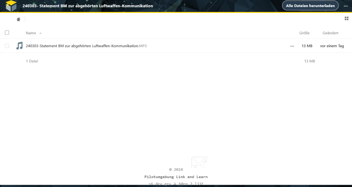 Screenshot der Nextcloud testumgebung der Bundeswehr in der die Datei mit dem Statement als MP3 zu sehen ist.