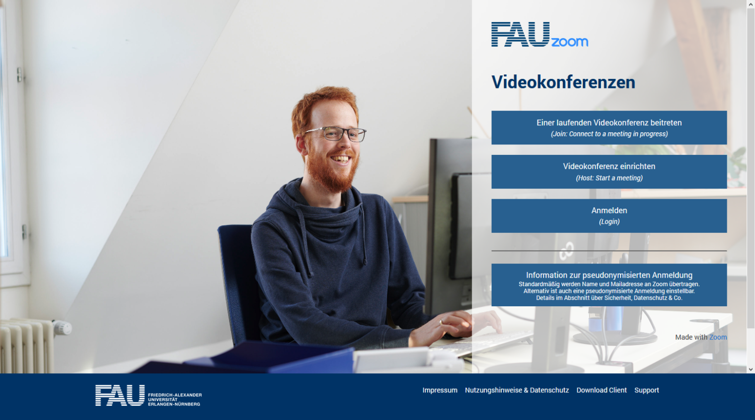 Screenshot der Loginseite der FAu bei Zoom