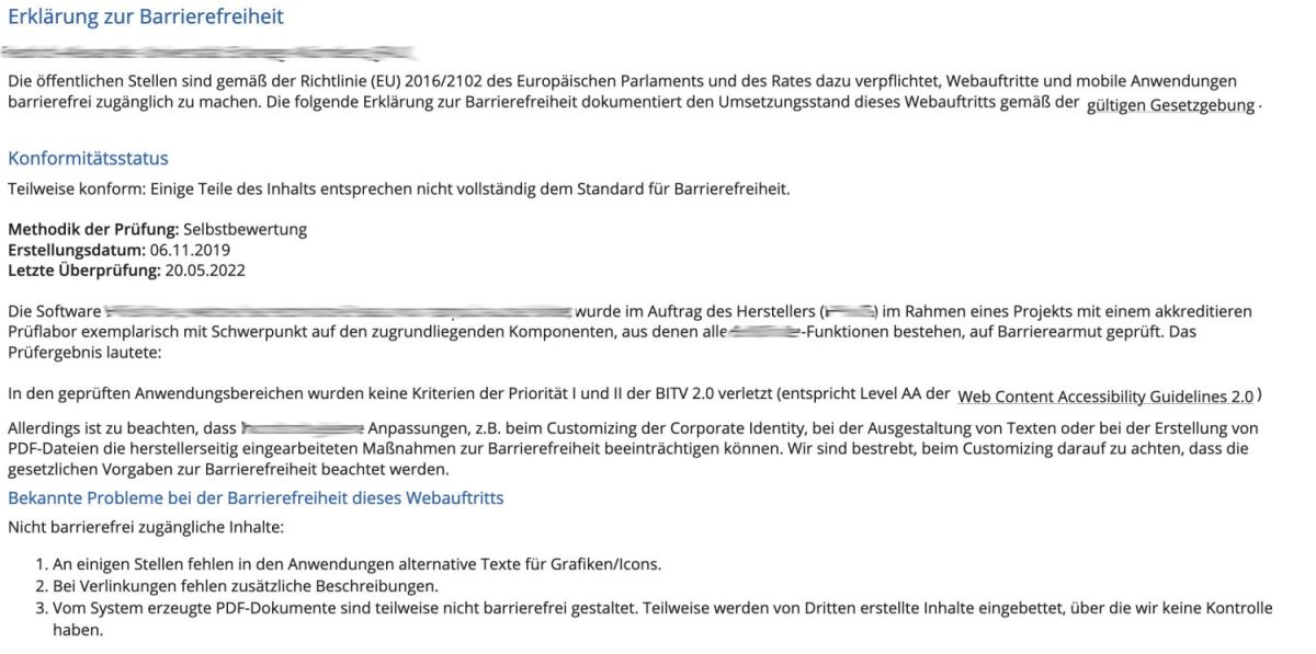 Screenshot einer Barrierefreiheitserklärung. HIer wird von einer Selbstbewertung aus dem Jahr 2019 geschrieben, allerdings wird auf nicht vorhandene un dnicht mehr gültige Standards verwiesen.