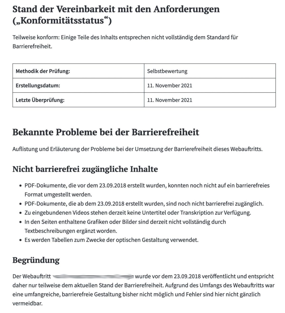 Der Screenshot zeigt eine Erklärung die auf den ersten Block gut strukturiert ist, ein Datum aus dem Jahr 2021 trägt, Mängel listet und eine Erklärung dafür angibt. 