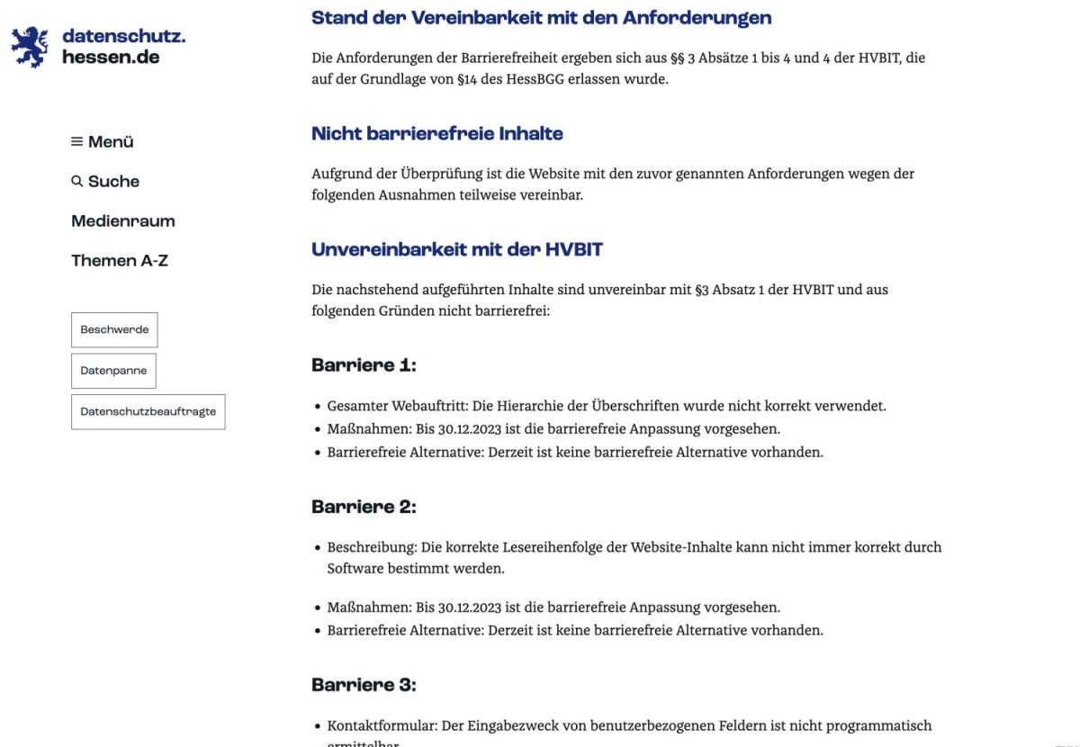 Screenshot der Barrierefreiheitserkläung der hessischen Beauftragten für Datenschutz und Informationsfreiheit